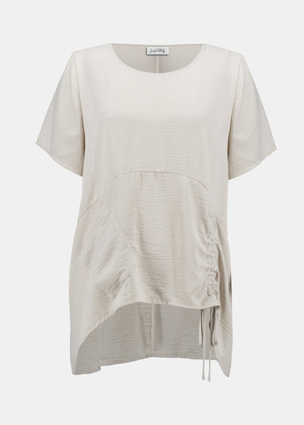 Joseph Ribkoff Gauze Asymmetrical Short Sleeve Rushed Top in Moonstone