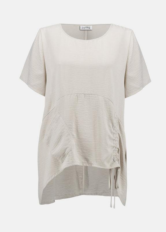 Joseph Ribkoff Gauze Asymmetrical Short Sleeve Rushed Top in Moonstone