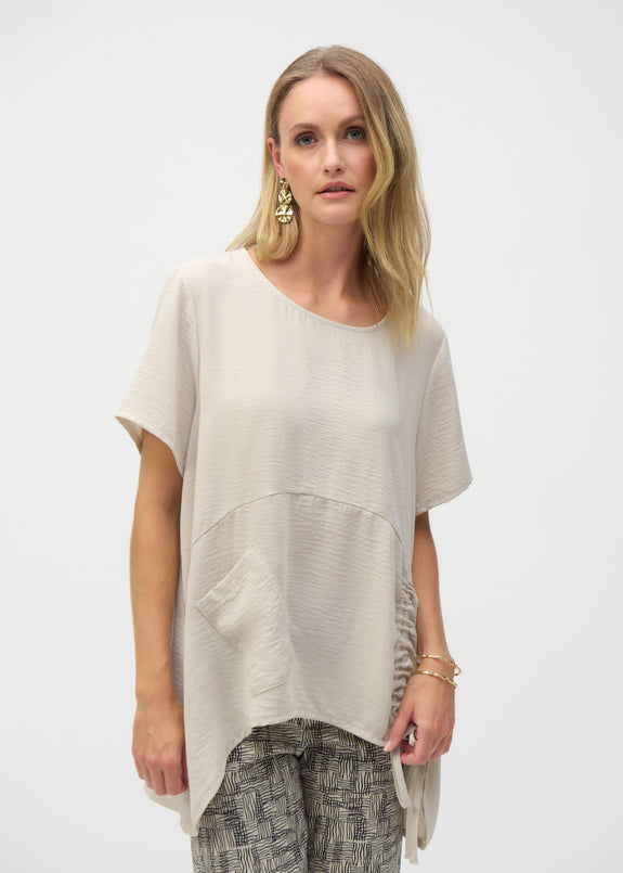 front view of plus size Joseph Ribkoff Gauze Asymmetrical Short Sleeve Rushed Top in Moonstone