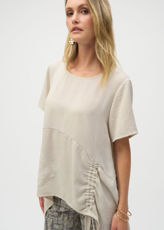 front view of plus size Joseph Ribkoff Gauze Asymmetrical Short Sleeve Rushed Top in Moonstone