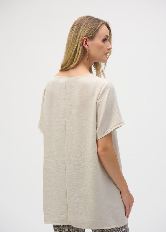 back view of plus size Joseph Ribkoff Gauze Asymmetrical Short Sleeve Rushed Top in Moonstone