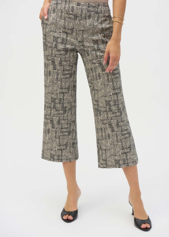 front view of plus size Joseph Ribkoff Millenium Geo Print Pull On Culotte crop Pant in Blk/Beige