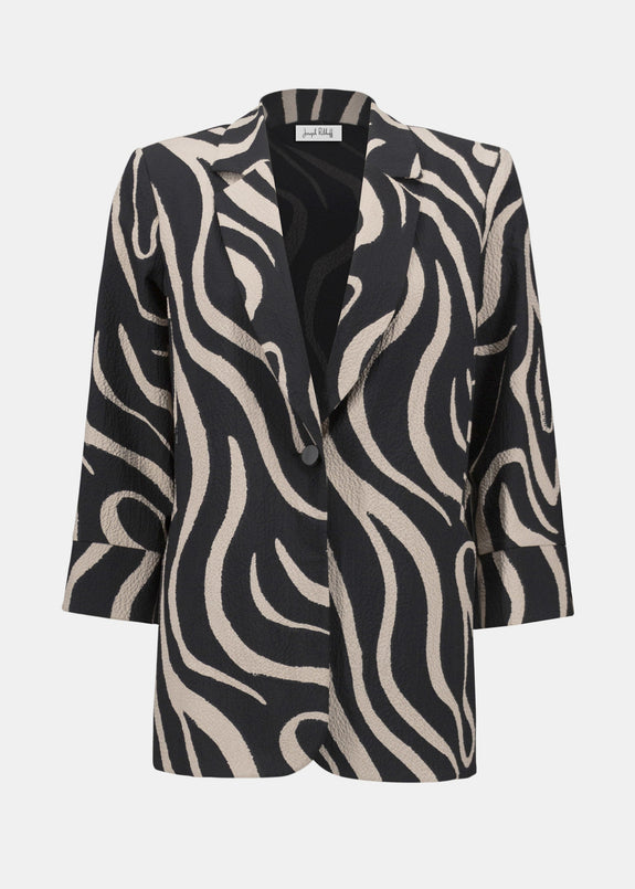 Joseph Ribkoff Seersucker Abstract Print Blazer in Black/Parchment