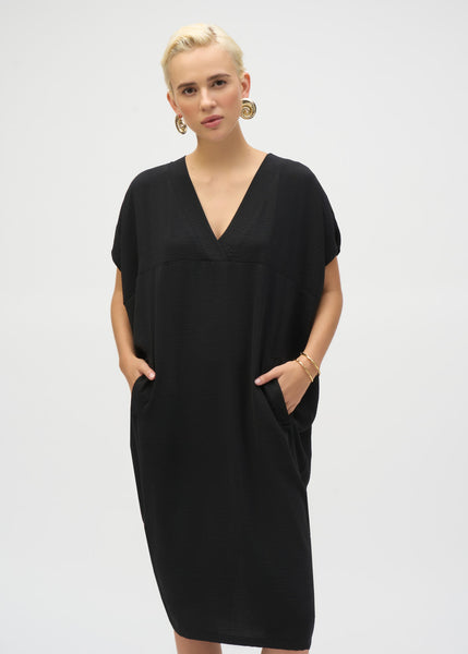 front view of plus size Joseph Ribkoff Short Sleeve v-neck Cocoon Dress in Black