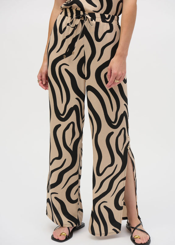 front view of plus sizeJoseph Ribkoff Gauze Abstract Print Wide Leg Pant in Beige/Black
