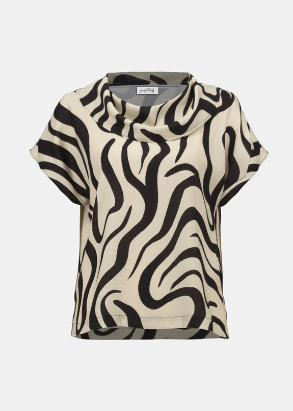 Joseph Ribkoff Gauze Abstract Print Cowl Neck Top in Beige/Black