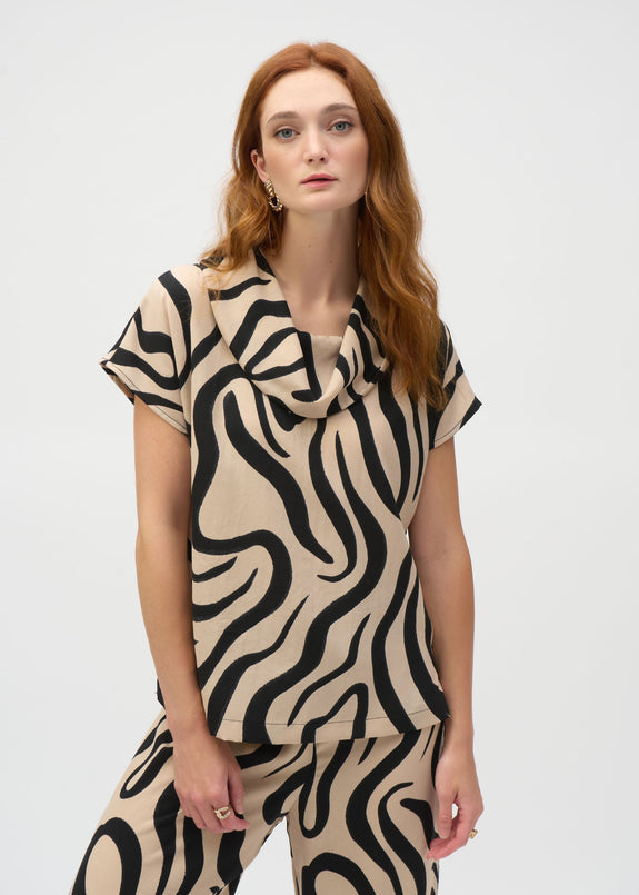front view of plus size Joseph Ribkoff Gauze Abstract Print Cowl Neck Top in Beige/Black