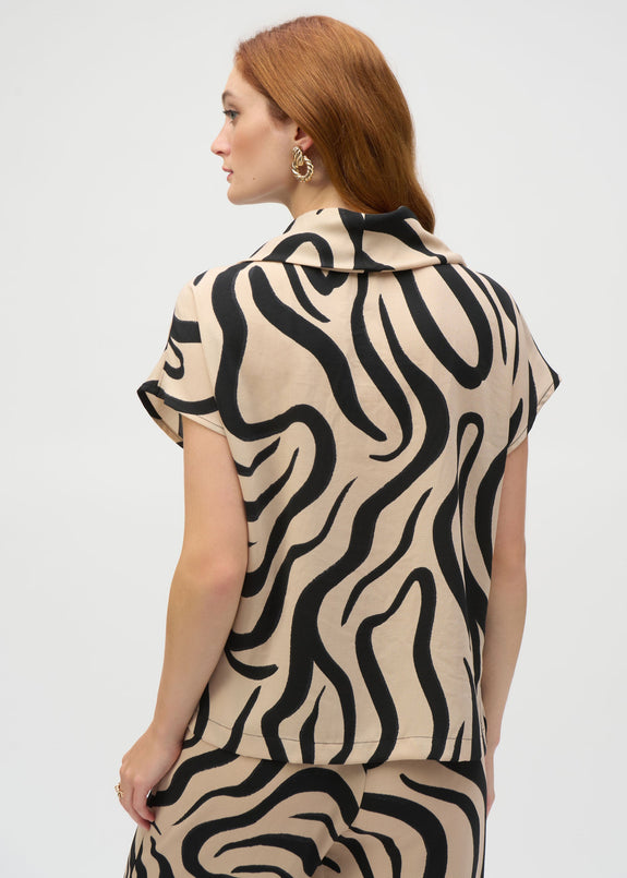 back view of plus size Joseph Ribkoff Gauze Abstract Print Cowl Neck Top in Beige/Black
