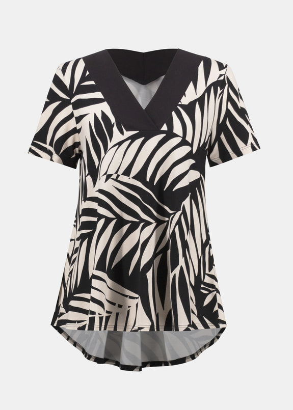 Joseph Ribkoff Jersey Knit Tropical Print Flared Top in Black/Moonstone