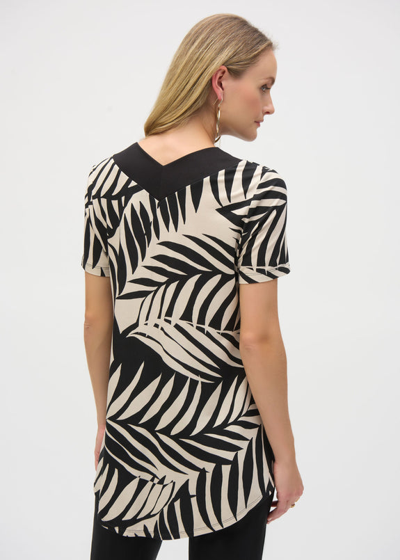 back view of plus size Joseph Ribkoff Jersey Knit Tropical Print Flared Top in Blk/Moonstone