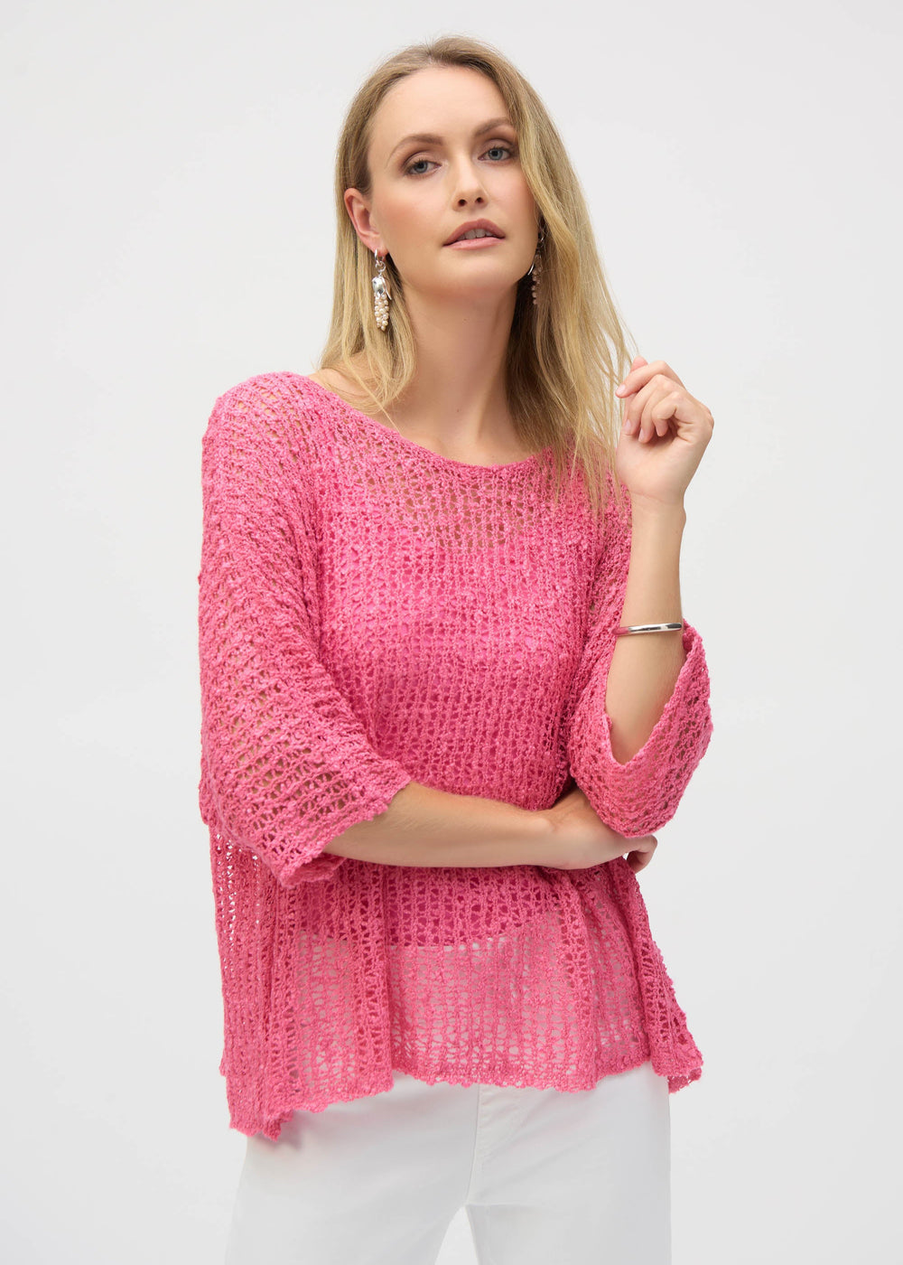 front view of plus size Joseph Ribkoff 2 Piece Chenille Open Stitch Sweater in Bubblegum