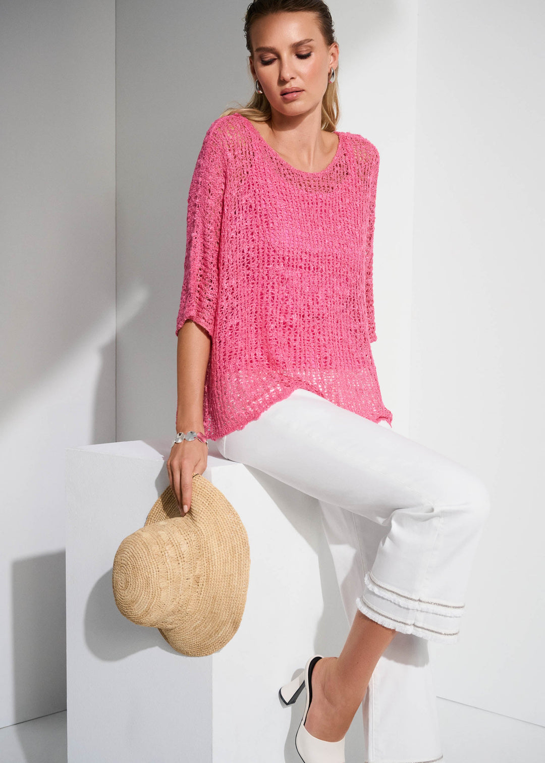 front view of plus size Joseph Ribkoff 2 Piece Chenille Open Stitch Sweater in Bubblegum