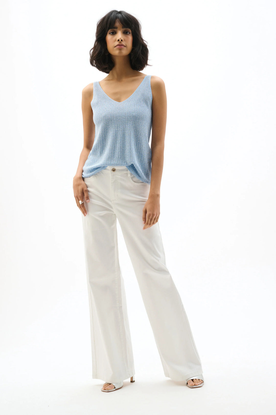 Joseph Ribkoff Metallic Knitted Camisole with Rhinestones in Sky Blue