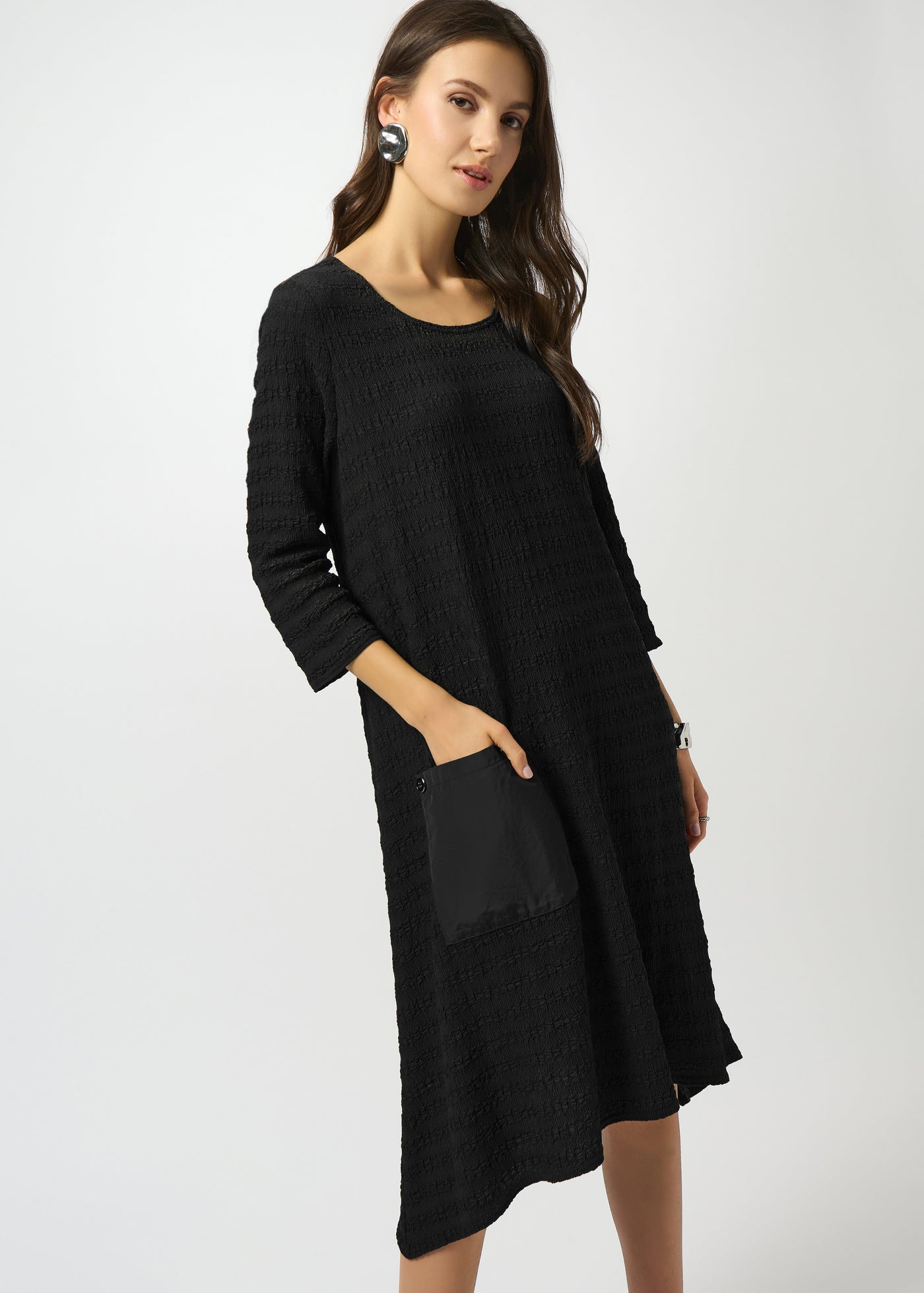 Front View of plus size Joseph Ribkoff Textured Knit A-Line Dress in Black