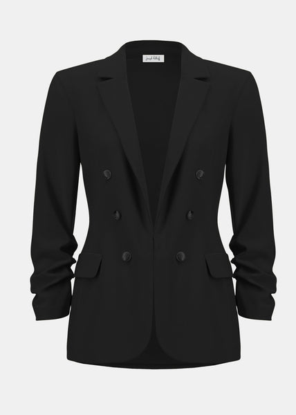 Black double-breasted blazer on a white background