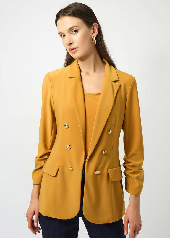 front view of plus size Joseph Ribkoff Silky Knit Notched Collar Jacket with 3/4 Rouched sleeve in Medallion