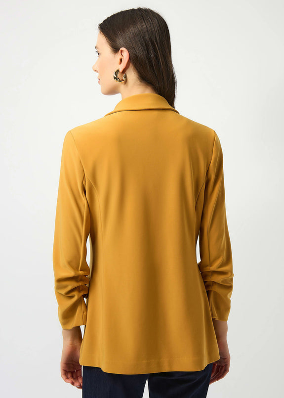 back view of plus size Joseph Ribkoff Silky Knit Notched Collar Jacket with 3/4 Rouched sleeve in Medallion