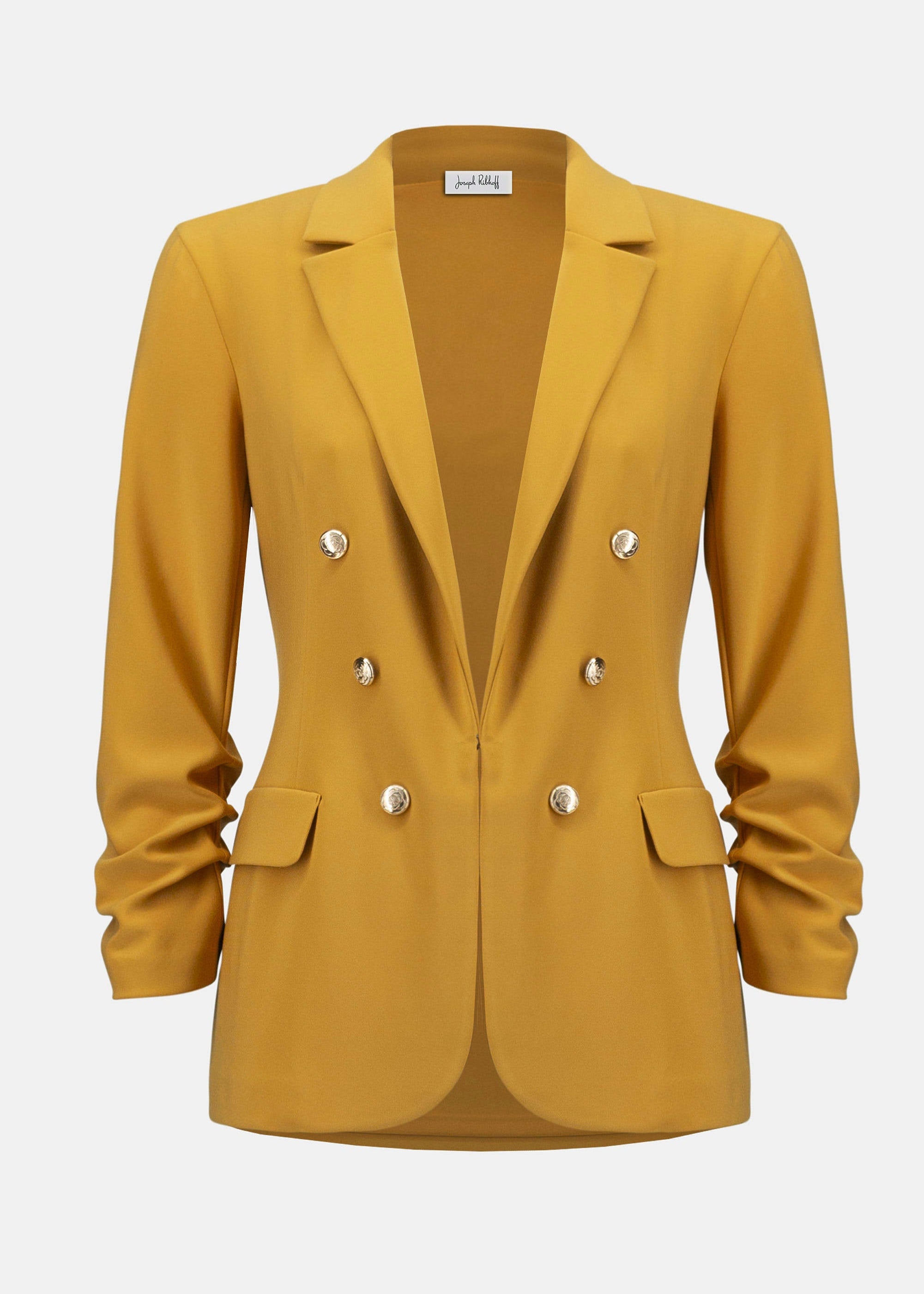 front view of plus size Joseph Ribkoff Silky Knit Notched Collar Jacket with 3/4 Rouched sleeve in Medallion