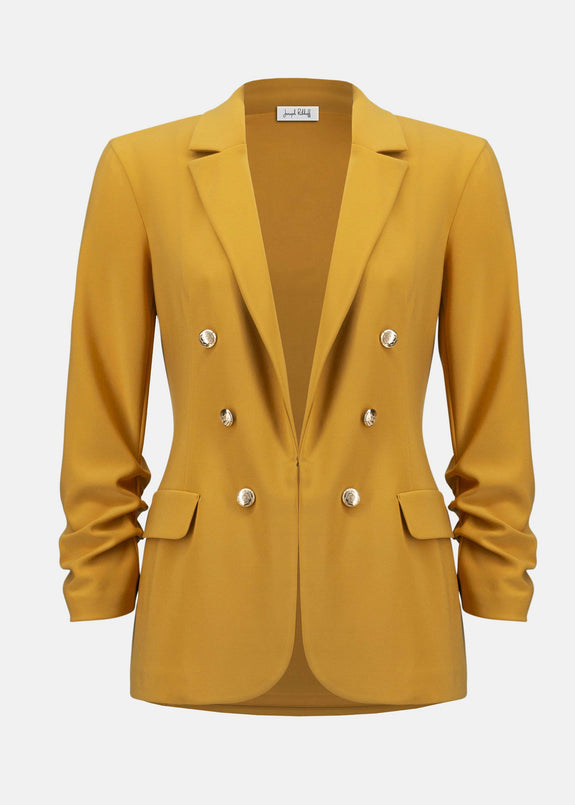 front view of plus size Joseph Ribkoff Silky Knit Notched Collar Jacket with 3/4 Rouched sleeve in Medallion