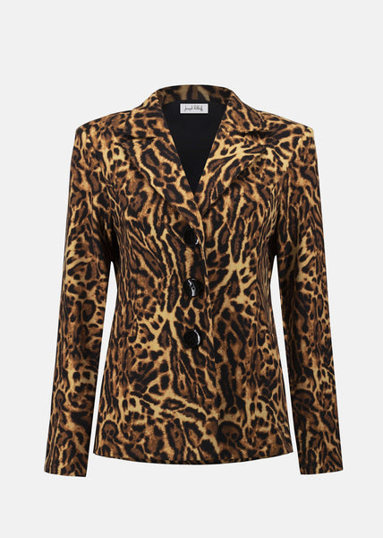 front view of plus size Joseph Ribkoff Silky Knit animal Print Fitted Jacket