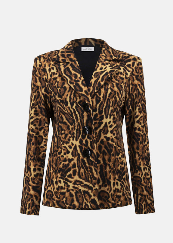 front view of plus size Joseph Ribkoff Silky Knit animal Print Fitted Jacket