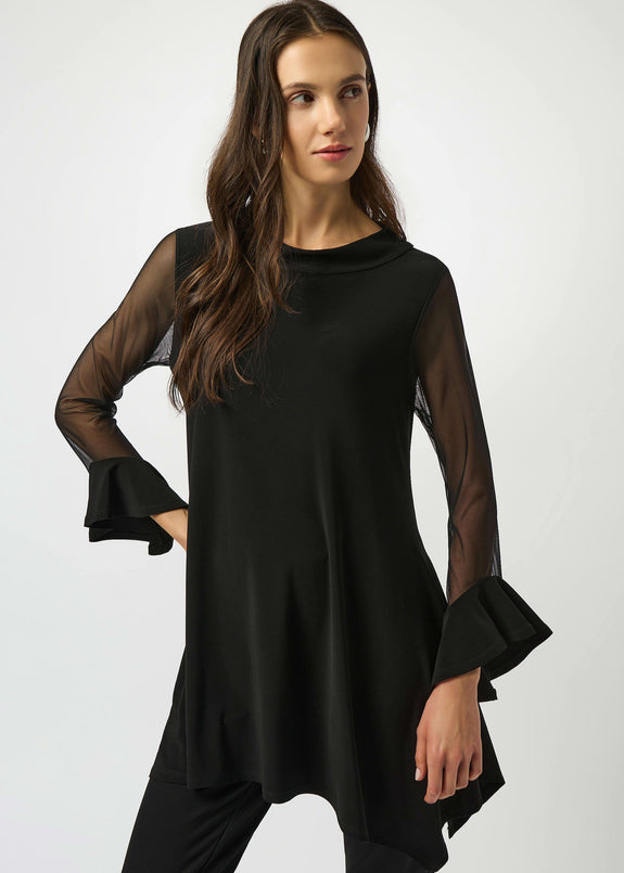 front view of plus size Joseph Ribkoff Silky Knit and Mesh Asymmetrical Tunic in Black