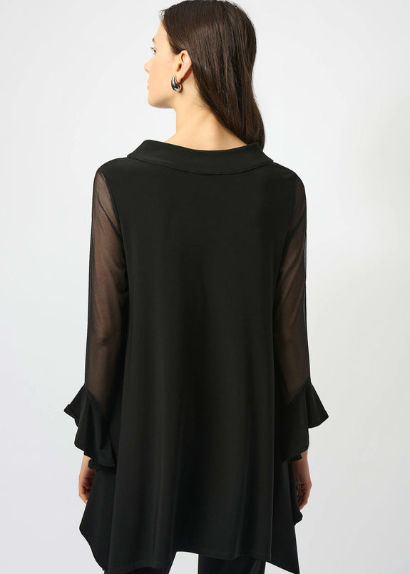 back view of plus size Joseph Ribkoff Silky Knit and Mesh Asymmetrical Tunic in Black