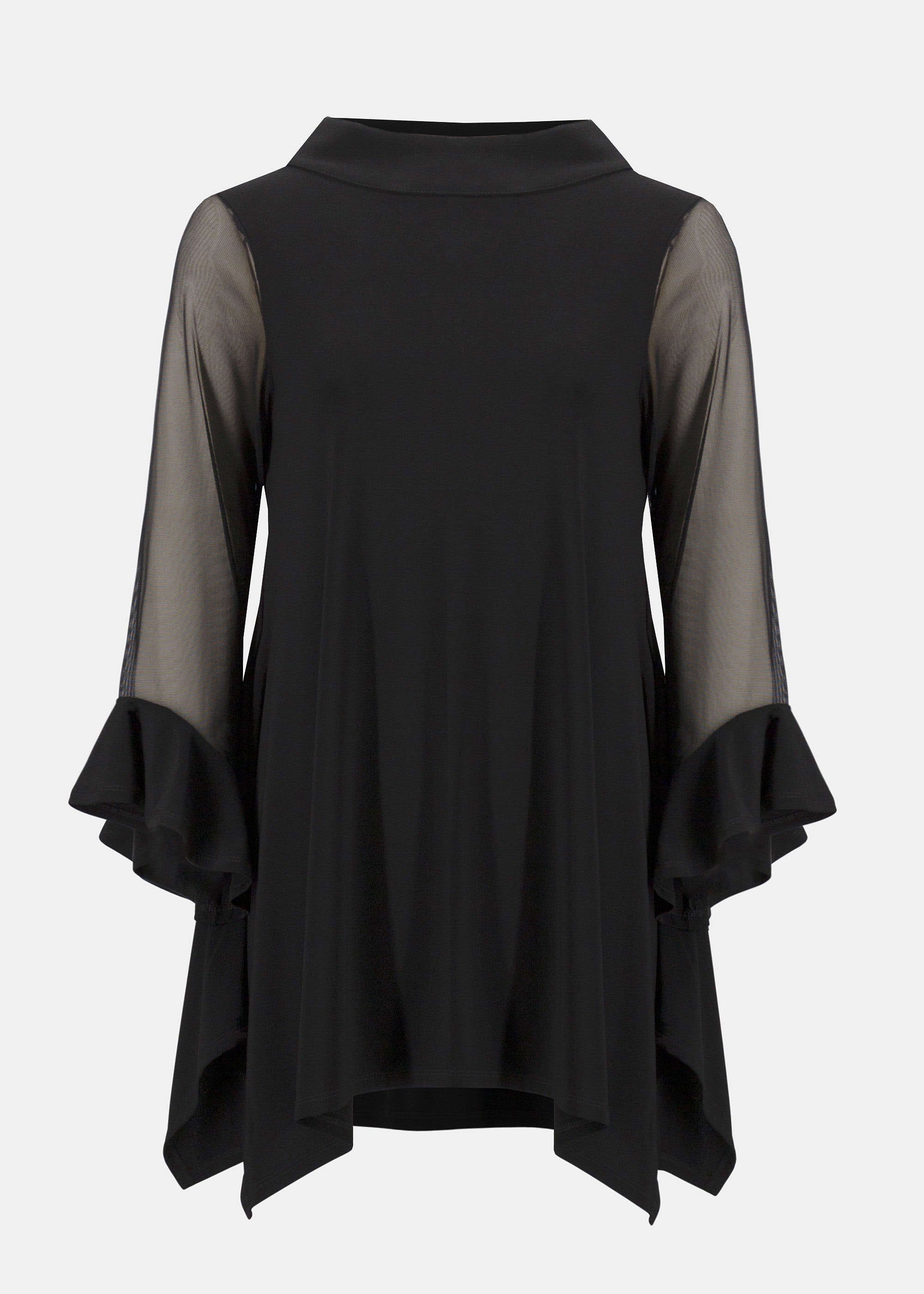 front view of plus size Joseph Ribkoff Silky Knit and Mesh Asymmetrical Tunic in Black