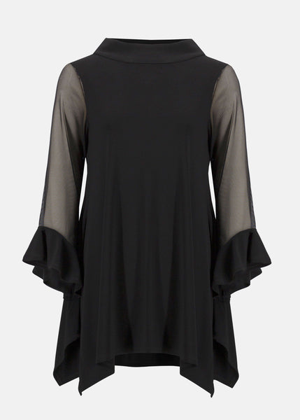 front view of plus size Joseph Ribkoff Silky Knit and Mesh Asymmetrical Tunic in Black