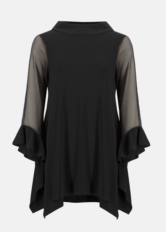 front view of plus size Joseph Ribkoff Silky Knit and Mesh Asymmetrical Tunic in Black