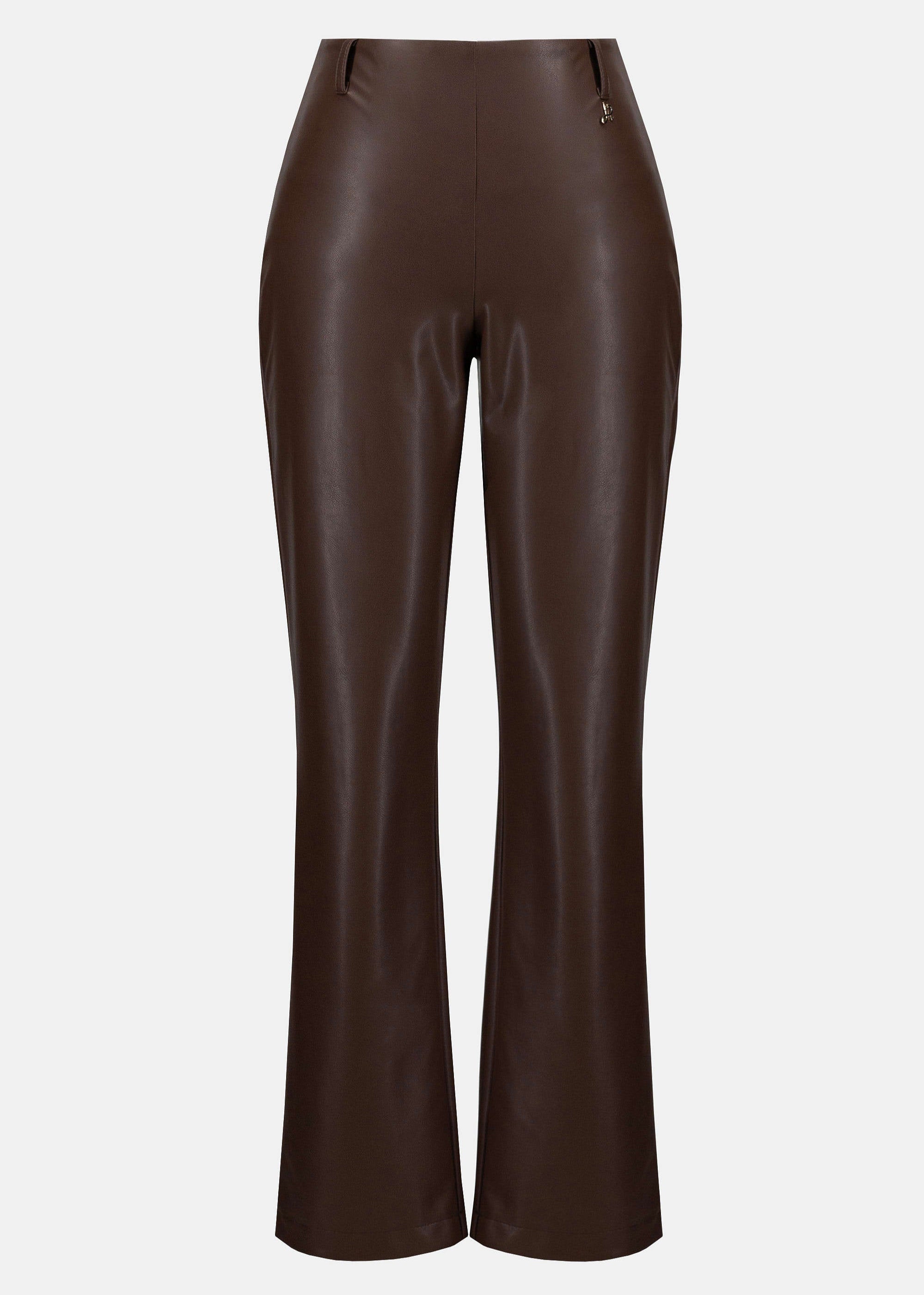 front view of Joseph ribkoff plus size Brown leather pants on a white background