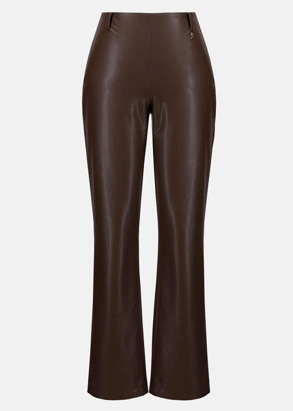 front view of Joseph ribkoff plus size Brown leather pants on a white background