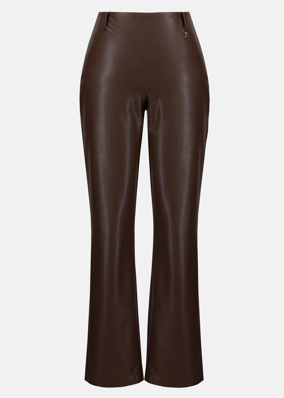 front view of Joseph ribkoff plus size Brown leather pants on a white background