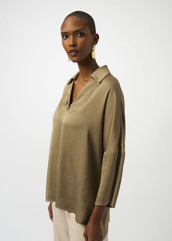 front view of plus size Joseph Ribkoff Recycled Hammered Satin V-Neck Boxy Blouse in Java