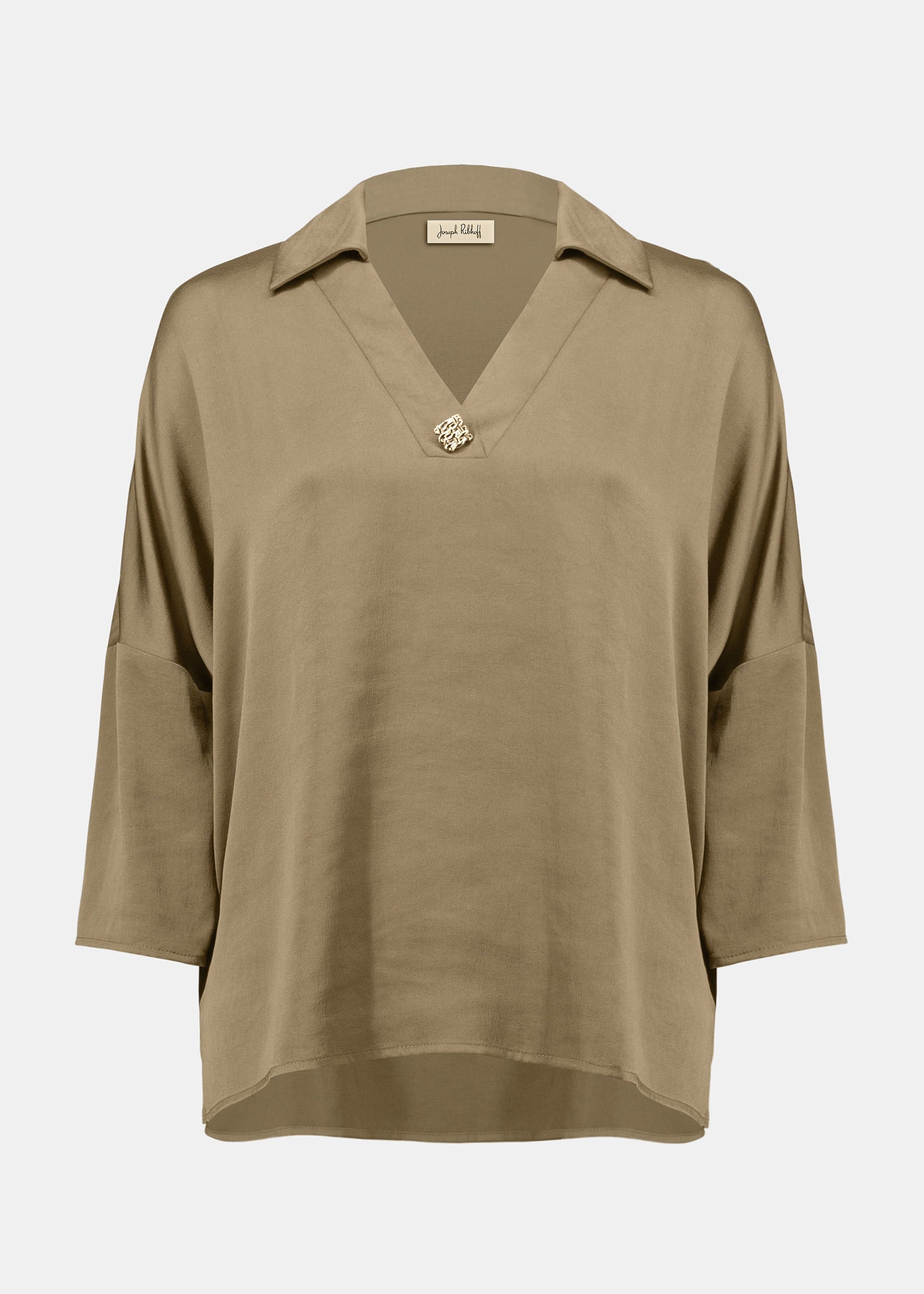 front view of plus size Joseph Ribkoff Recycled Hammered Satin V-Neck Boxy Blouse in Java
