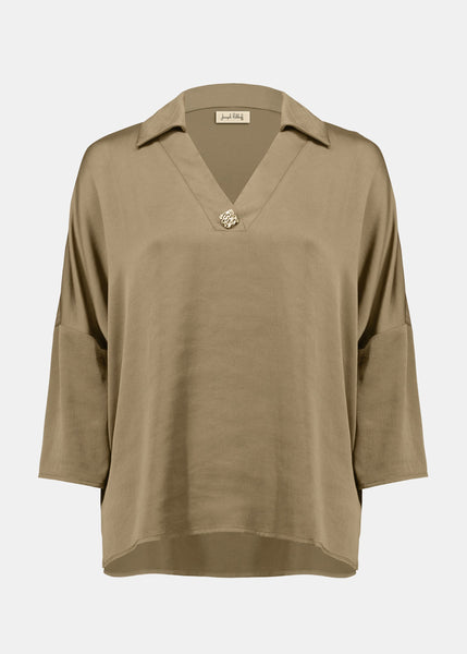 front view of plus size Joseph Ribkoff Recycled Hammered Satin V-Neck Boxy Blouse in Java