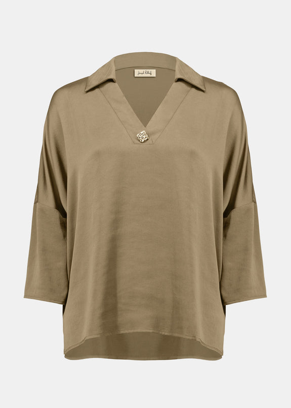 front view of plus size Joseph Ribkoff Recycled Hammered Satin V-Neck Boxy Blouse in Java