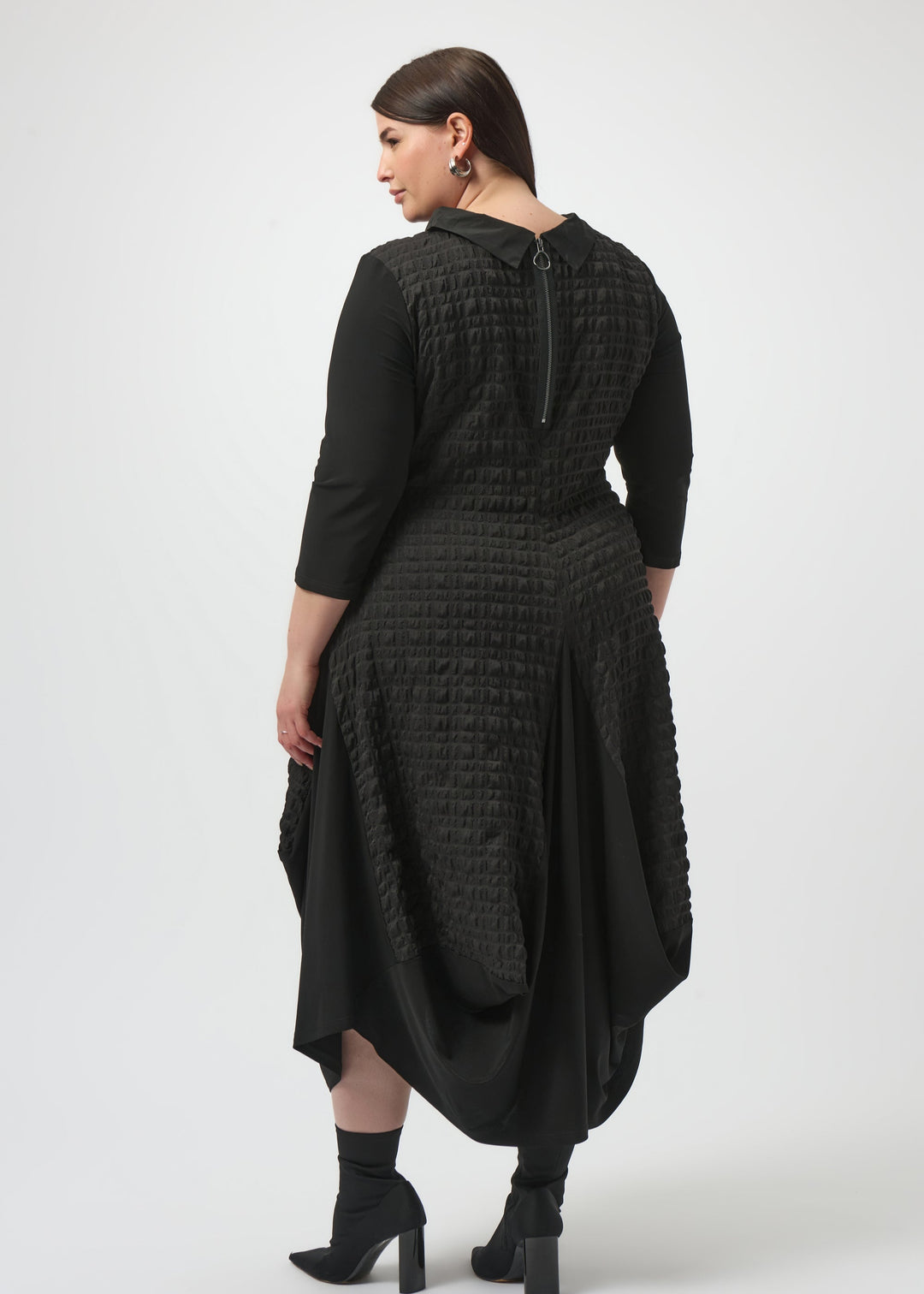 back view of plus size Joseph Ribkoff Bubble Jacquard and Silky knit cocoon Dress in Black