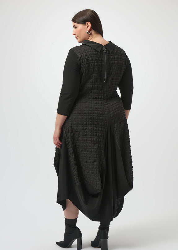 back view of plus size Joseph Ribkoff Bubble Jacquard and Silky knit cocoon Dress in Black