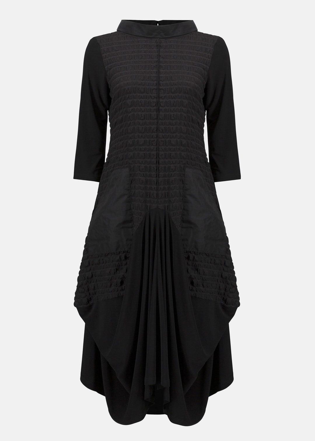 front view of plus size Joseph Ribkoff Bubble Jacquard and Silky knit cocoon Dress in Black