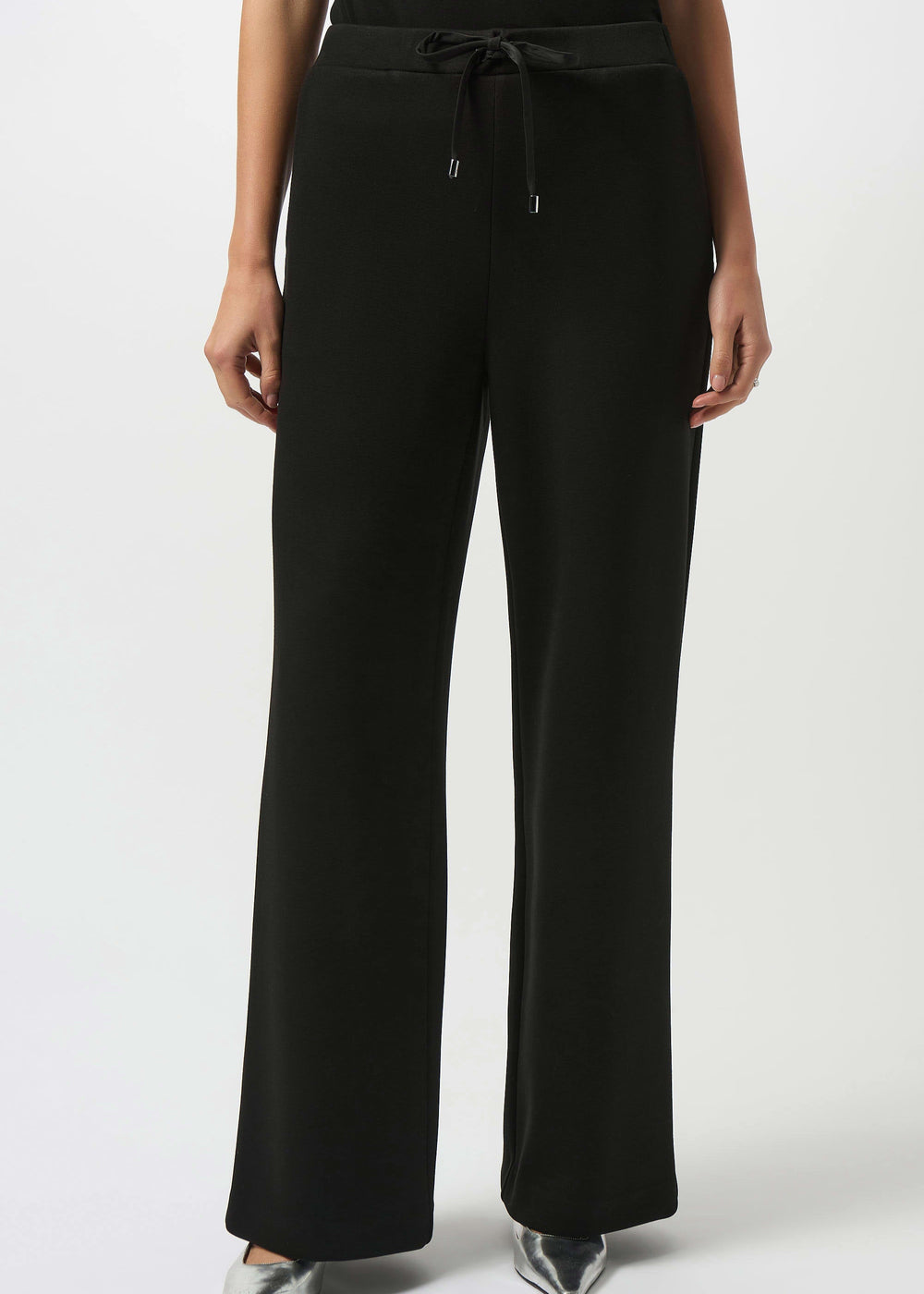 front view of plus size Joseph Ribkoff Scuba Jersey Drawstring Waist Pant in Black