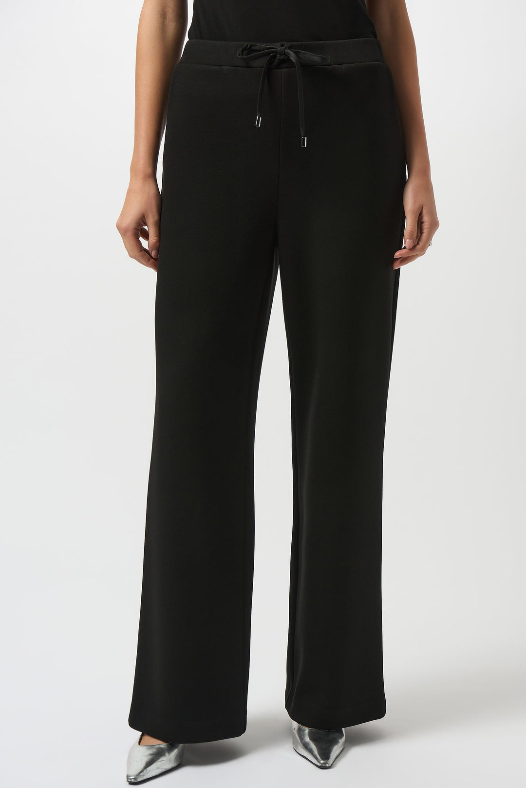 Black wide leg pull-on pants with drawstring waist, front view on model