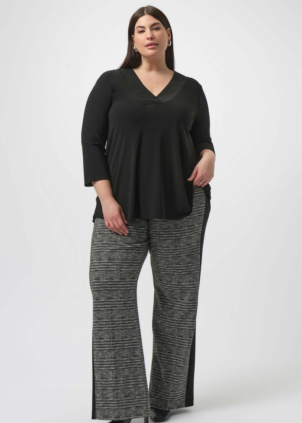 front view of plus size Joseph Ribkoff Pull on Plaid Pant with Stripe in Black and White