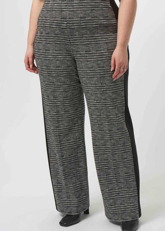 front view of plus size Joseph Ribkoff Pull on Plaid Pant with Stripe in Black and White