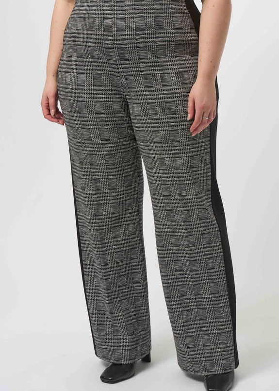 front view of plus size Joseph Ribkoff Pull on Plaid Pant with Stripe in Black and White