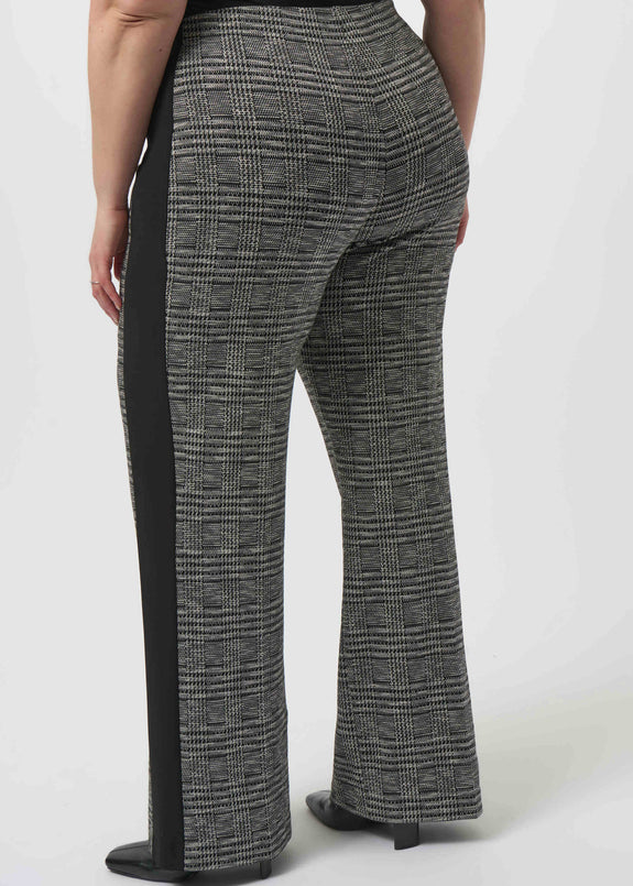 back view of plus size Joseph Ribkoff Pull on Plaid Pant with Stripe in Black and White