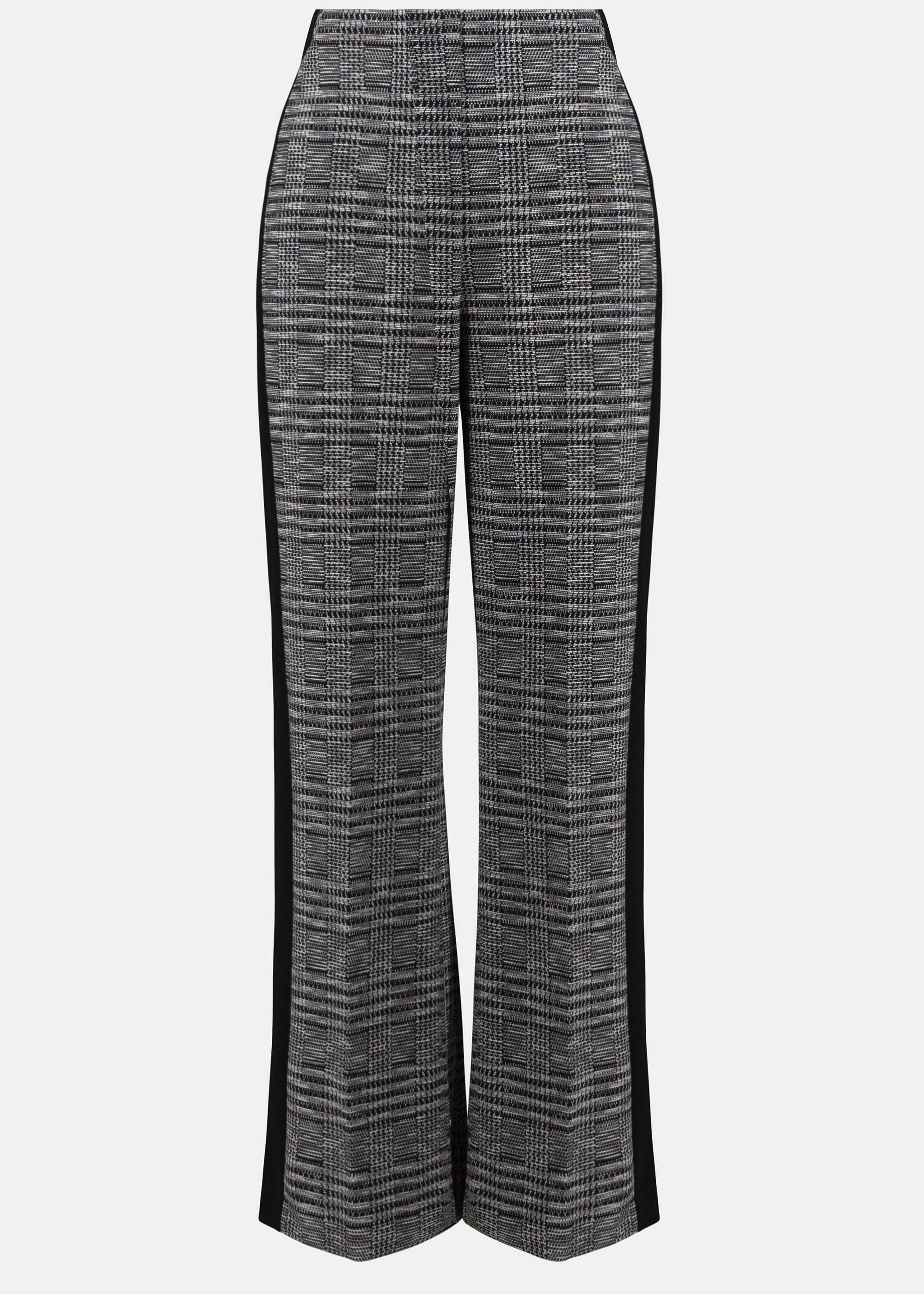 front view of plus size Joseph Ribkoff Pull on Plaid Pant with Stripe in Black and White