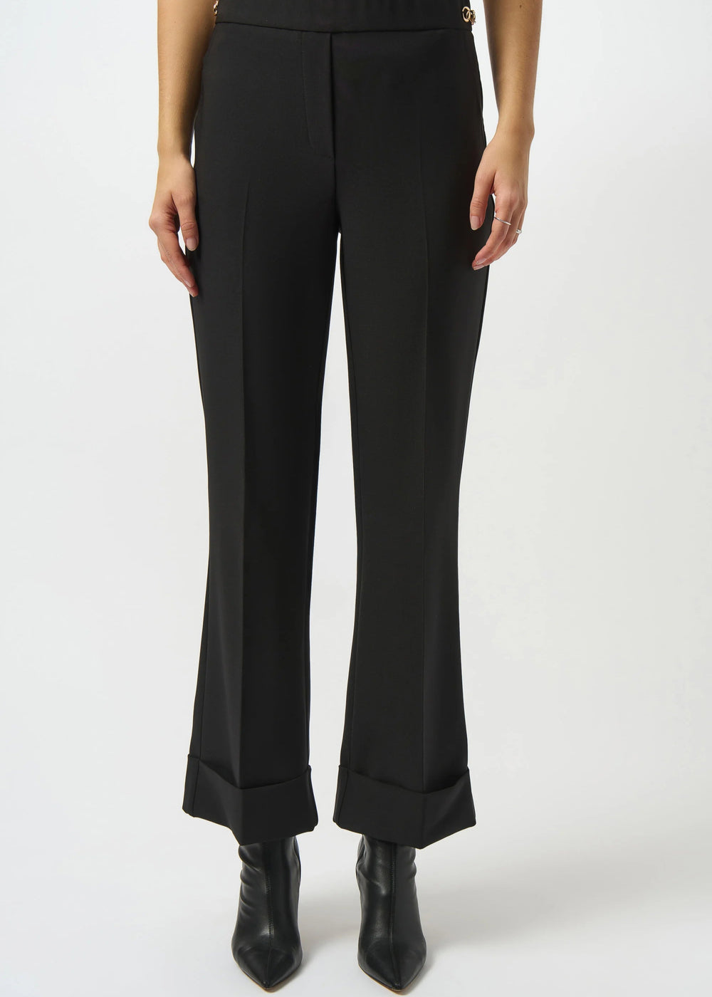 front view of plus size Joseph Ribkoff Lux Twll Flared Pull on Pant with Cuff in Black