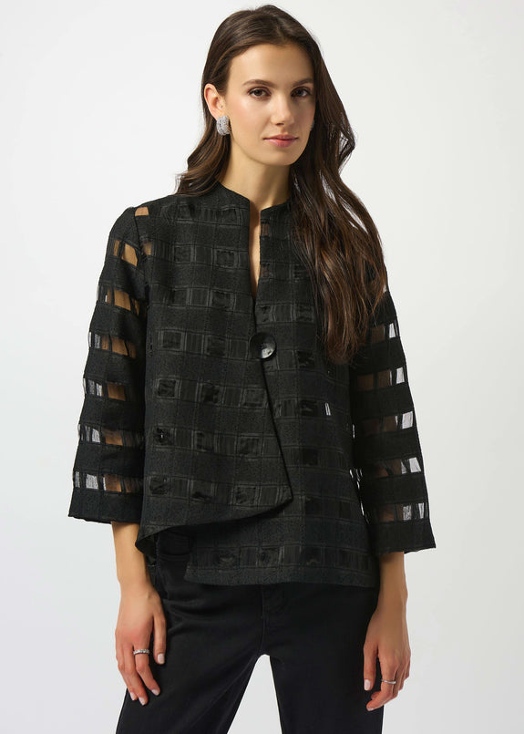 front view of plus size Joseph Ribkoff Novelty Sheer Check Swing Jacket in Black