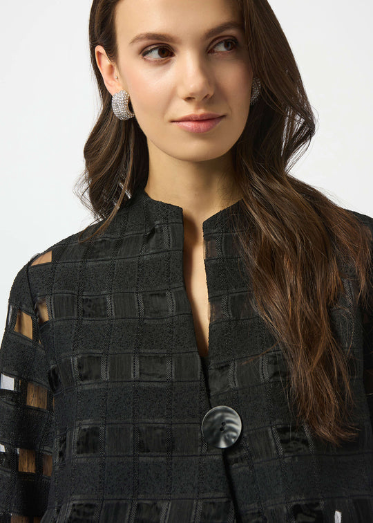 front view of plus size Joseph Ribkoff Novelty Sheer Check Swing Jacket in Black